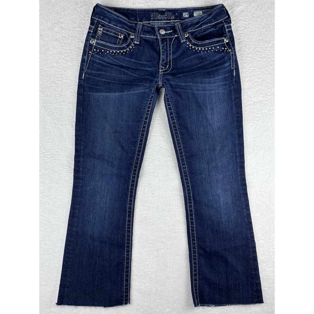 Miss Me Jeans Women's Blue Bootcut Low Rise Cut off Cropped Jeans Size 29